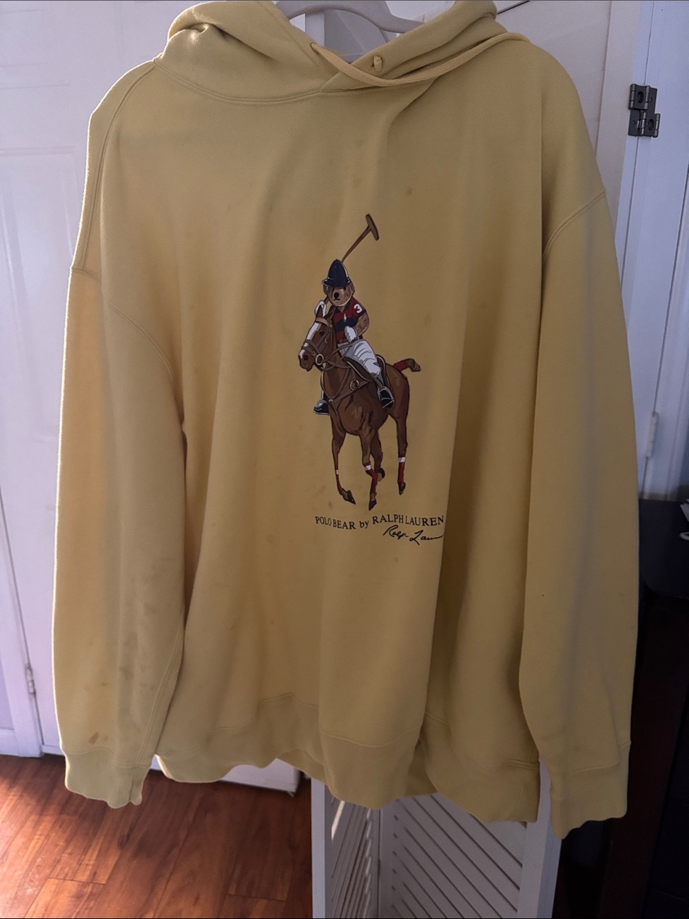 Ralph Lauren Pale Yellow Polo Bear Crewneck Hoodie. Good for men or women